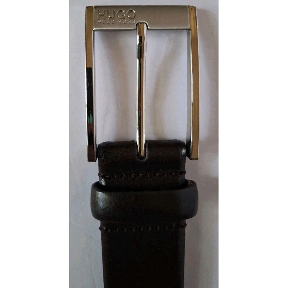 Hugo Boss Cow Skin Leather Belt Size 34 Brown Silver Buckle Dress Work Preppy